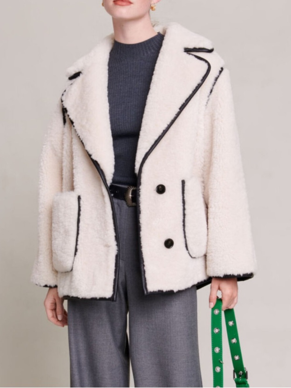 Maje Ecru Short Faux Fur Coat EU 36 Small with Black Trim Oversized